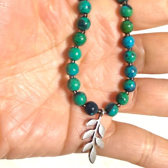 Teal Chrysocolla Short Necklace, Genuine Gemstone & Silver Leaf Branch Pendant - Picture 13 of 13